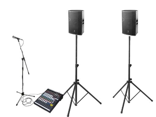 Picture of Pair of Active 8in  Speakers, Stands, Mic & Mixer